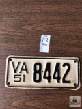 Virginia 1951 four digit license plate, #8442