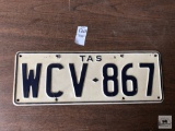 Vintage metal license plate, TAS across top, WCV-867