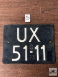 Vintage European License plate, UX 51-11