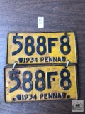 Pair of 1934 Pennsylvania antique license plates, 5 digit