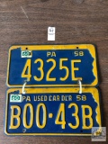 Two 1958 Pennsylvania license plates, one is used car dealer plate
