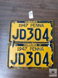 Pair of 1947 Pennsylvania matched numbers license plates