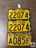Three Vintage Pa License plates, 1951