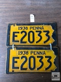 Pair of 1938 Pennsylvania antique license plates, 5 digit