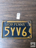 Vintage 1939 Penna. license plate