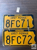 Two 1957 Pennsylvania antique license plates, 5 digit