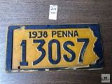 Antique 1938 Pennsylvania license plate