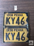 Pair of antique 1938 four digit Pennsylvania license plates