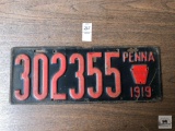Antique 1919 Pennsylvania license plate