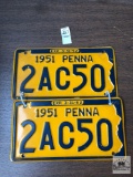 Pair of 1951 Pennsylvania antique license plates, 5 digit