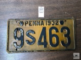 Antique 1932 Pennsylvania license plate