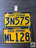 Two vintage 1955 Pennsylvania license plates
