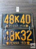 Two Antique 1931 Pennsylvania license plates
