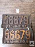 Pair of 1931 Pennsylvania antique license plates, 5 digit