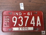 Indiana 1961 Trailer license plate