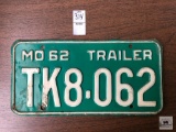 Missouri 1962 Trailer license plate