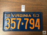 Virginia 1953 license plate