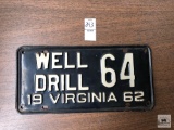 Rare Virginia WELL DRILL 64, 1962 license