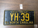 North Carolina 1961 #YH-39 license plate