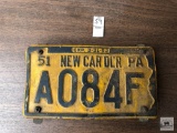 Pa. New Car Dealer 1951 tag