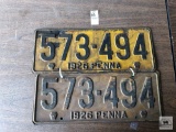 Two Vintage 1926 Pennsylvania Auto tags