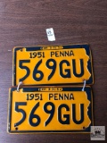 Two Vintage 1951 Pennsylvania Auto tags