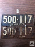 Two Vintage Pennsylvania 1920 License Plates