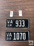 Two Vintage Virginia license plates, 1956 and 1958