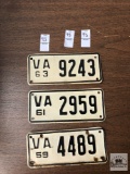 Three vintage Virginia license plates, 1959, '61, '63