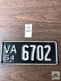 Very nice vintage 1954 Virginia license plate