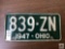 1947 Ohio Plate, green with white lettering