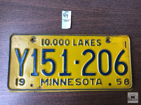 Vintage Minnesota License Plate, 1958