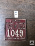 Boston Licensed Hackney Carriage Plate, 1962