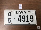 Iowa 1958, White plate, black lettering