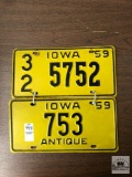Two 1959, Iowa yellow plates, black lettering