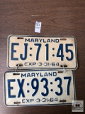 Two Maryland 1964 license plates