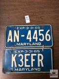 Two Maryland 1965 license plates