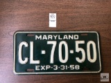 1958 Maryland black plate, Exp 3-31-58