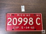 1961 Michigan plate, red with white lettering