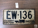RARE 150th Anniversary N.W. Territory 1938 Ohio Plate