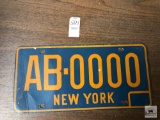 Undated New York Plate, probably temp tag, #AB-0000