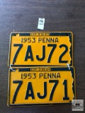 Two 1953 Penna Plates, consecutive numbers