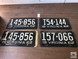 Four 1962 Virginia black plate license plates