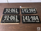 Two pair of NOS 1962 Virginia plates
