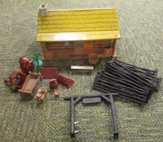 VINTAGE TIN CABIN WITH FENCE AND HOME ACCESSORIES