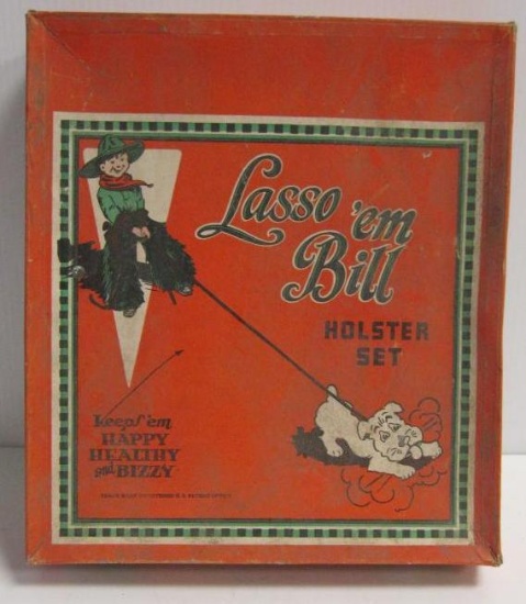 VINTAGE LASSO'EM BILL HOLSTER SET WITH DAISY CAP GUNS