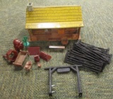 VINTAGE TIN CABIN WITH FENCE AND HOME ACCESSORIES