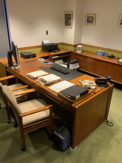 Lot of Furniture 5 Teak Desks Mixed Sizes, 2 Arm Chairs, Bookcase, and Printer Stand