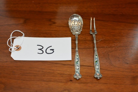 Vintage Sterling 2 Prong Fork and Spoon Porcelain Inlaid Pat. April 28 1886