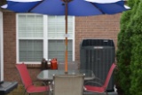 Outdoor Patio Furniture 4 Chairs, Table, Umbrella & Stand, Gas Grill with Propane Tank